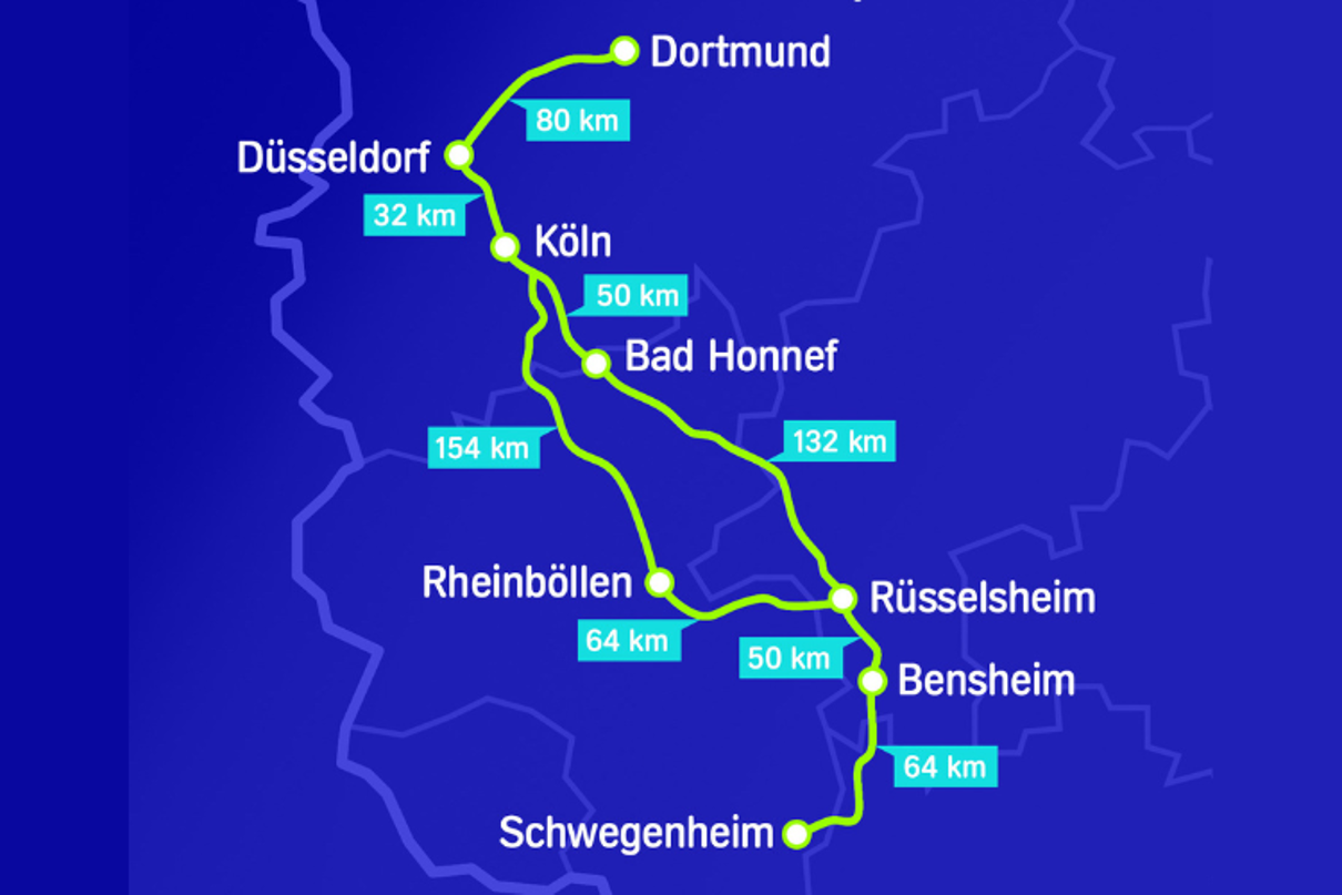 Eine Landkarte auf der acht Ladestationen von Aral pulse zwischen Schwegenheim und Dortmund eingezeichnet sind. Eine Landkarte auf der acht Ladestationen von Aral pulse zwischen Schwegenheim und Dortmund eingezeichnet sind.