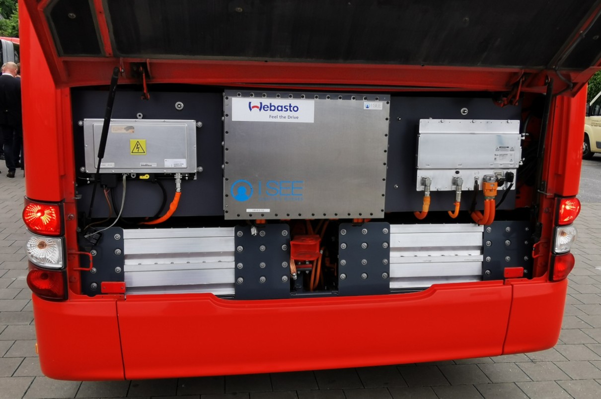 View of the battery compartment on a retrofitted public transport bus.