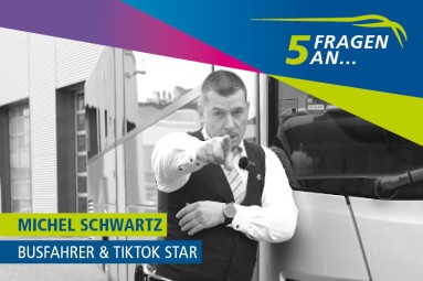 Foto von Michel Schwartz. Neben dem Schriftzug „5 Fragen an…“ ist zu lesen: „Michel Schwartz, Busfahrer & TikTok-Star“