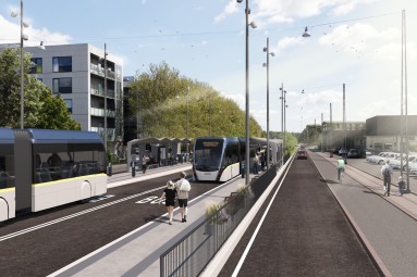 A street view shows two bus lanes and two bus stops, a car lane, bike lane and walkway. 