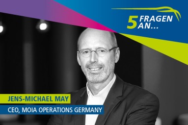 Foto von Jens-Michael May. Neben dem Schriftzug „5 Fragen an…“ ist zu lesen: „Jens-Michael May, CEO, MOIA Operations Germany“