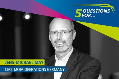 Photo of Jens-Michael May. Next to the caption ’5 questions for…’ it reads ’Jens-Michael May, CEO, MOIA Operations Germany’