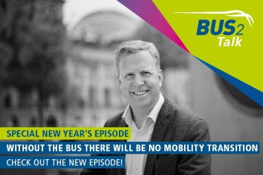 The graphic shows an image of Henning Rehbaum. Next to the caption ’BUS2Talk’ it reads: ’No mobility transition without buses’. 
