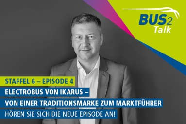Die Graphik zeigt Zoltán Sipos. Neben dem Schriftzug „BUS2Talk“ ist zu lesen: „Staffel 6 – Episode 4, „Elektrobus von Ikarus'.