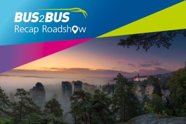 Das Bild zeigt einen Screenshot der digitalen BUS2BUS-Roadshow mit Diskussionsteilnehmer:innen aus Ungarn und Tschechien.
