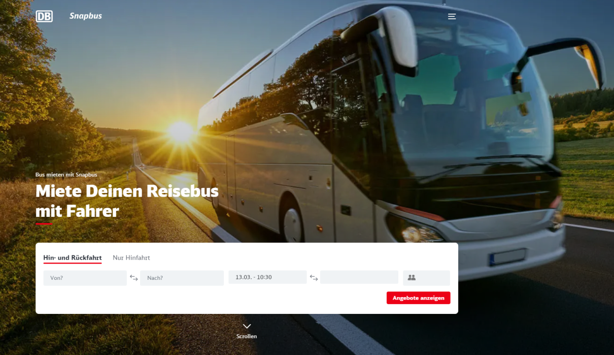 Homepage of the Snapbus booking platform Homepage of the Snapbus booking platform