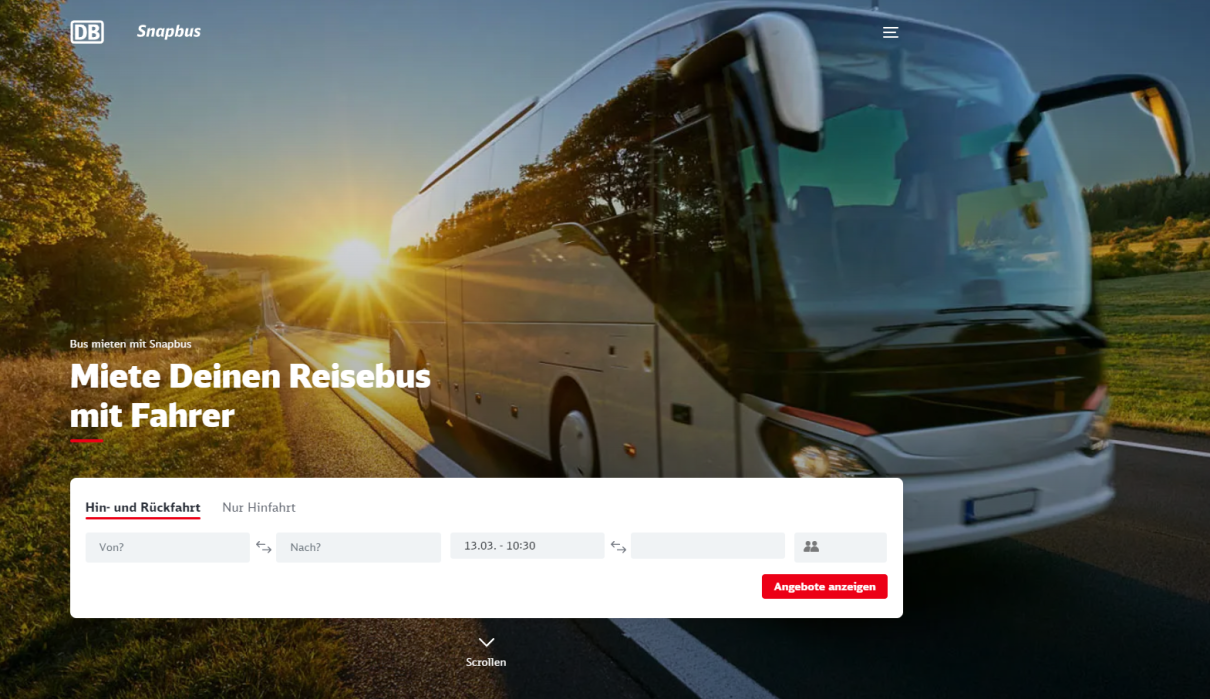 Startseite der Buchungsplattform Snapbus