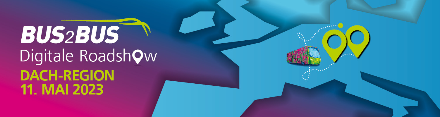In dieser Graphik ist das BUS2BUS-Logo und der Schriftzug 'Digitale Roadshow, DACH-Region, 11. Mai 2023' zu sehen. Auf einer Europakarte ist ein Bus, sein Streckenverlauf und sein Ziel eingezeichnet. In dieser Graphik ist das BUS2BUS-Logo und der Schriftzug 'Digitale Roadshow, DACH-Region, 11. Mai 2023' zu sehen. Auf einer Europakarte ist ein Bus, sein Streckenverlauf und sein Ziel eingezeichnet.