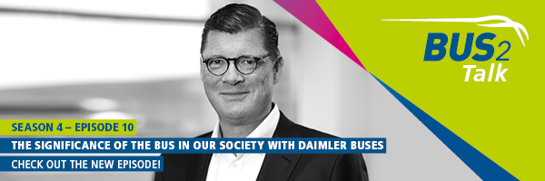 The graphic shows a photo of Till Oberwörder. Next to the lettering 'BUS2Talk' you can read: 'Season 4 - Episode 10, Bus2Talk: The significance of the bus in our society with Daimler Buses.' The graphic shows a photo of Till Oberwörder. Next to the lettering 'BUS2Talk' you can read: 'Season 4 - Episode 10, Bus2Talk: The significance of the bus in our society with Daimler Buses.'