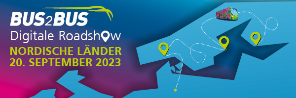 BUS2BUS-Logo und der Schriftzug „Digitale Roadshow, Nordische Länder, 20. September 2023'. Auf einer Europakarte ist ein Bus, sein Streckenverlauf und sein Ziel eingezeichnet. 