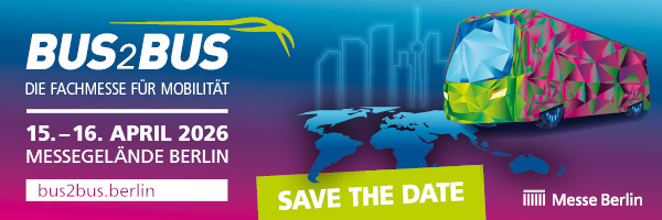 Eine Graphik der BUS2BUS. Zu lesen ist: Save the date, 15.-16. April 2026, Messegelände Berlin Eine Graphik der BUS2BUS. Zu lesen ist: Save the date, 15.-16. April 2026, Messegelände Berlin