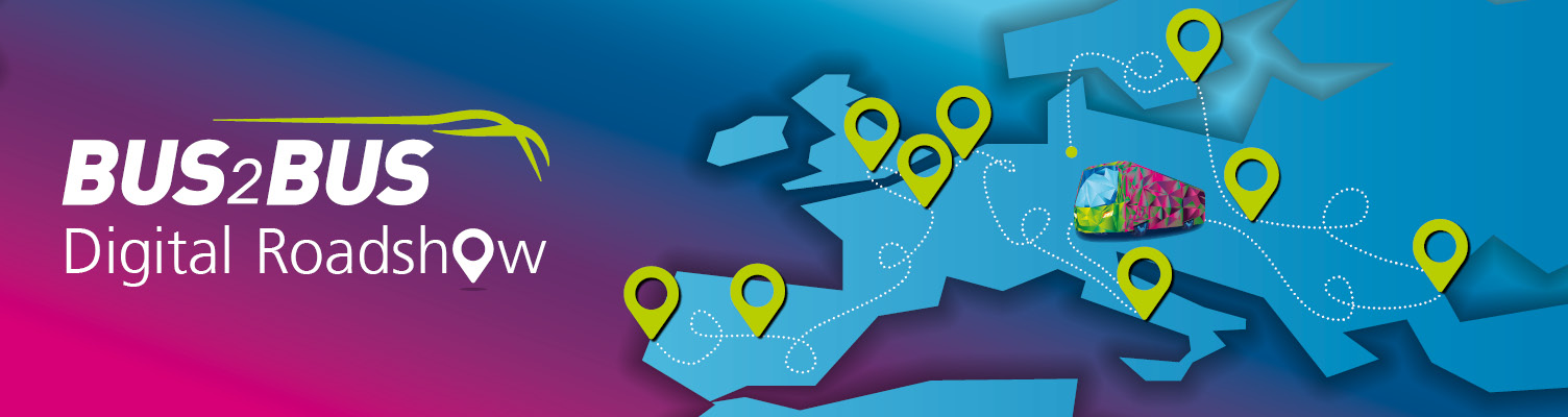 This graphic shows the BUS2BUS logo and the words 'Digital Roadshow'. A bus, its stops and the route are drawn on an abstract map of Europe. This graphic shows the BUS2BUS logo and the words 'Digital Roadshow'. A bus, its stops and the route are drawn on an abstract map of Europe.