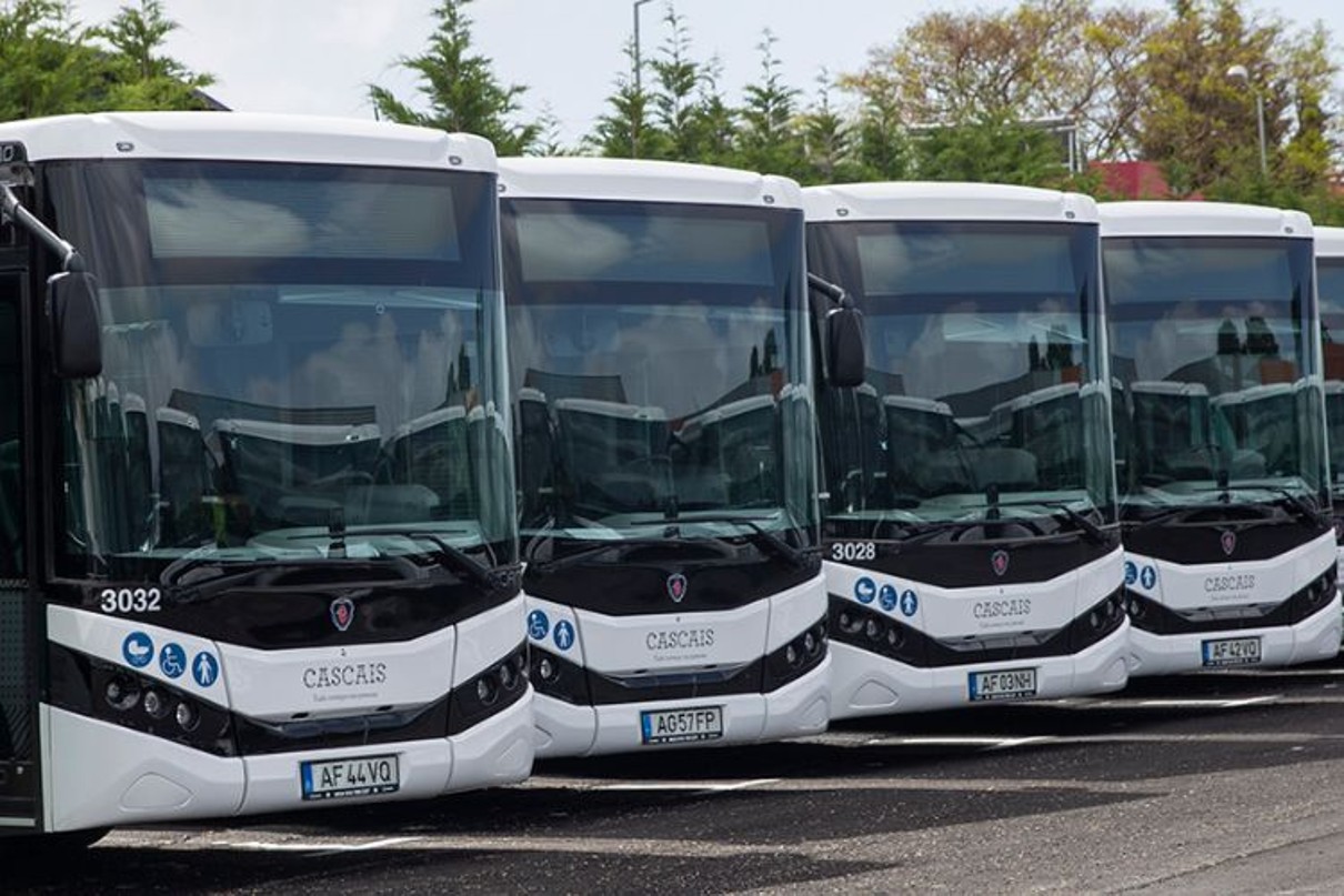 A part of Cascais’ bus fleet is pictured. 