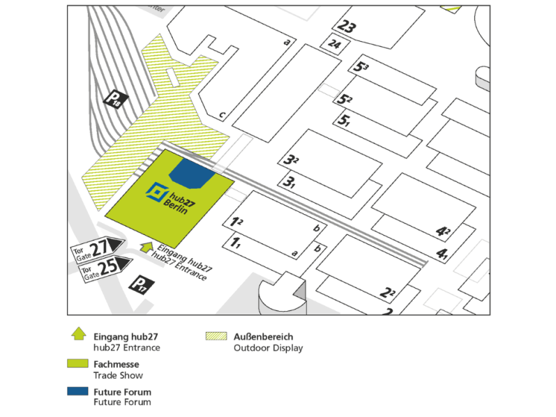 Die Grafik zeigt einen Ausschnitt des Berliner Messegeländes. Die Hallen der BUS2BUS sind Farblich gekennzeichnet.