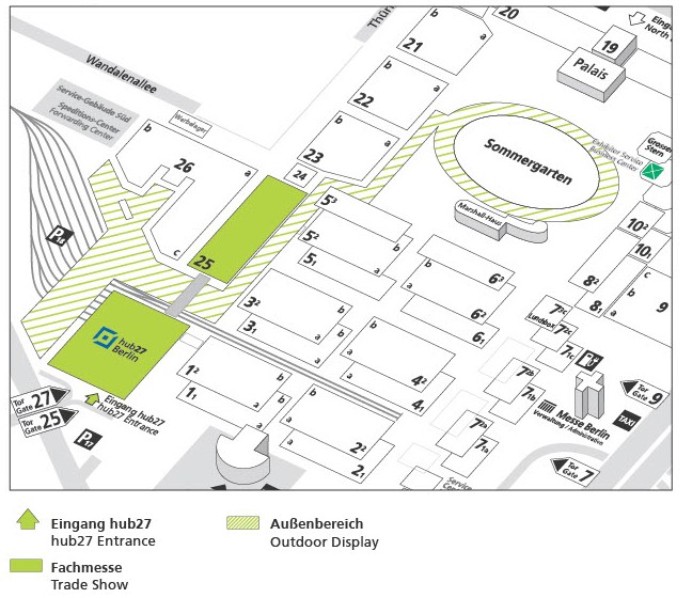 The graphic shows a section of the Berlin exhibition grounds. The BUS2BUS halls are color-coded.