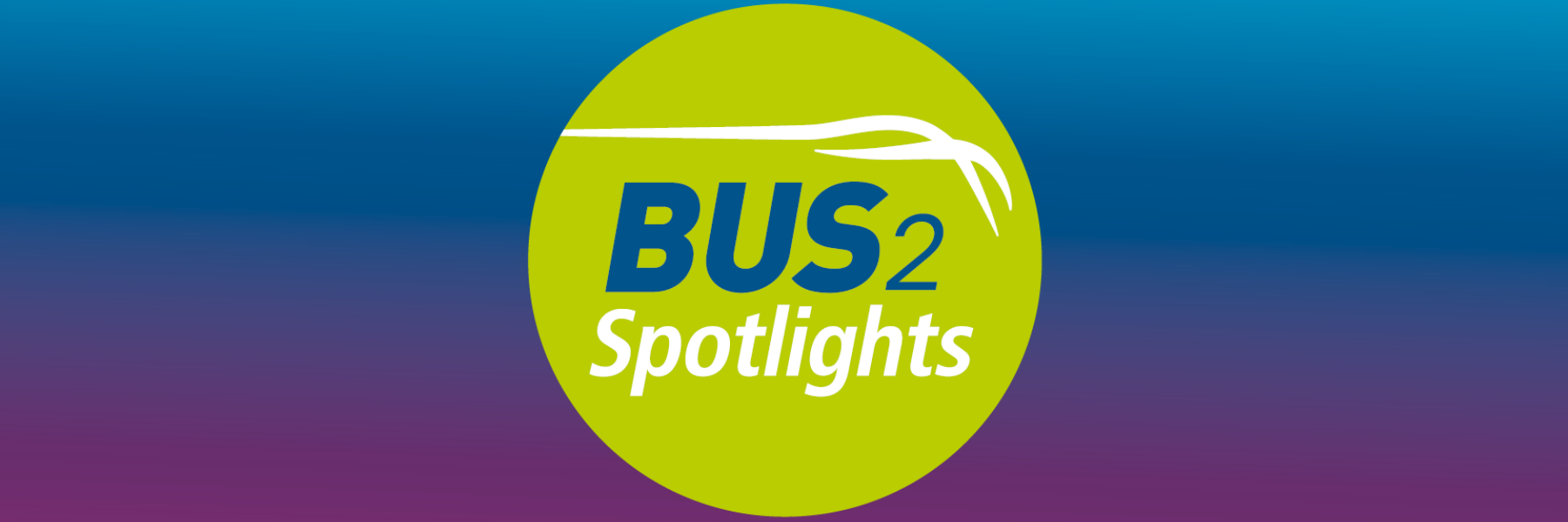 The round BUS2Spotlights logo is shown in the colours green, white and blue. 